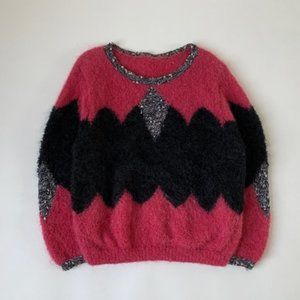 Vintage Hand-knitted Mohair Pink 80's Color Block Crewneck Grandma Sweater